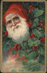 Santa Claus with Red Hat & White Beard Peeking Through Holly, Christmas Greetings Postcard