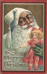Santa Claus and Little Girl with A Merry Christmas Greeting Postcard