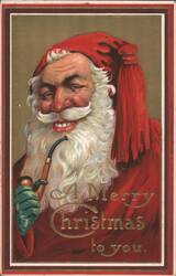 Smiling Santa Claus with Pipe and Red Cap, A Merry Christmas to you Postcard