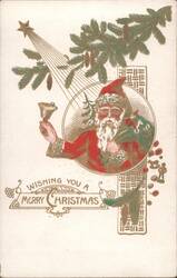 Santa Claus with Bell & Toys, Wishing You a Merry Christmas Postcard