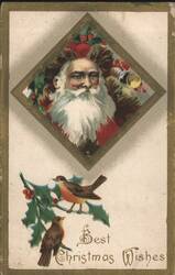 Santa Claus in Diamond Frame, Birds on Holly, Best Christmas Wishes Postcard