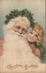 Santa Claus with Girl and Holly Wreath, Christmas Greetings Postcard