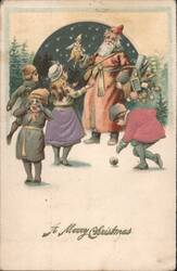 Santa Claus with Children in Snowy Landscape, A Merry Christmas Postcard