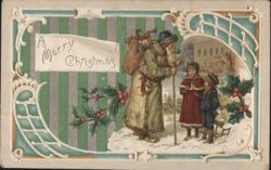 Santa Claus with Children in Snow, Merry Christmas Greeting Postcard
