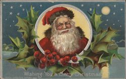 Santa Claus with Holly and Berries, Wishing You a Merry Christmas Postcard