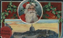 Santa Claus with US Capitol Building and Christmas Holly Postcard