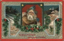 Santa Claus with Holly & Winter Scenes, Christmas Greetings Postcard