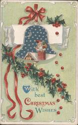 Santa Claus in Christmas Bell with Holly and Red Ribbon, "Best Christmas Wishes" Postcard