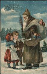 Santa Claus with Children & Toys in Snowy Christmas Scene Postcard