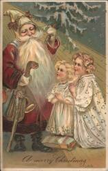 Santa Claus with Two Young Girls Kneeling, Christmas Tree Postcard