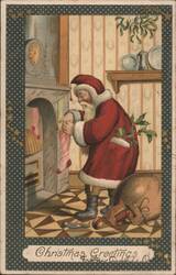 Santa Claus Filling Stockings by Fireplace, Christmas Greetings Postcard