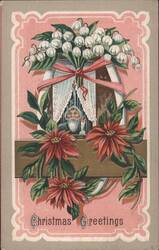 Santa Claus in Window with Lily of the Valley & Poinsettias, Christmas Greetings Postcard