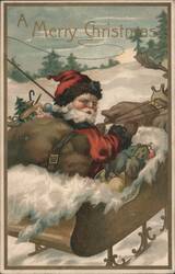 Santa Claus in Sleigh with Angel and Gifts, A Merry Christmas Postcard