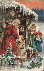 Santa Claus Giving Gifts to Children in Snowy Christmas Scene Postcard
