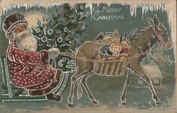 Santa Claus Driving Donkey Sleigh with Children and Christmas Tree Postcard