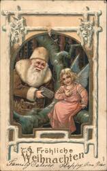 Fröhliche Weihnachten Santa Claus and Angel Ornate Frame Postcard