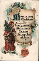Santa Claus with Christmas Tree & Toys, 'May Merry Christmas' Greeting Postcard