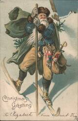 Santa Claus Skiing with Staff and Sack of Toys - Christmas Greeting Postcard