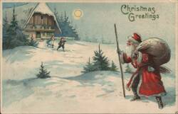 Santa Claus in Snowy Landscape with Children and House, Christmas Greetings Postcard