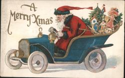 Santa Claus Driving Car with Christmas Tree and Toys, A Merry Xmas Postcard