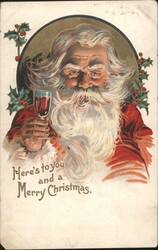 Santa Claus with a glass of wine, 'Here's to you and a Merry Christmas' Postcard