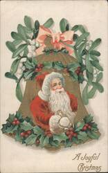Santa Claus in Christmas Bell with Mistletoe & Holly Postcard