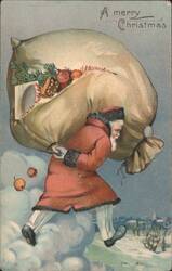 Santa Claus with Large Sack of Toys in Snowy Christmas Scene Postcard
