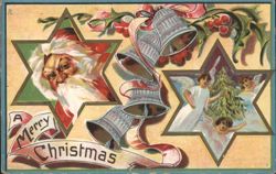 Merry Christmas Santa Claus, Angels, Bells & Christmas Tree Postcard