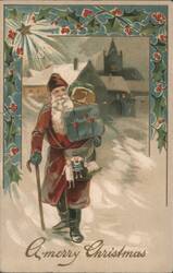 Santa Claus Delivering Toys in Snow with Holly Border Postcard
