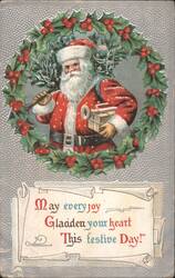 Santa Claus in Holly Wreath with Festive Greeting Postcard