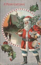 A Merry Christmas Santa Claus with Tree and Toys Postcard