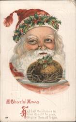 Santa Claus with White Beard Holding Christmas Pudding, Holly Wreath Postcard