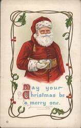 Santa Claus with Pocket Watch and Holly Border, Christmas Greeting Postcard
