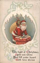 Santa Claus Descending Chimney with Sack of Toys, Christmas Greeting Postcard