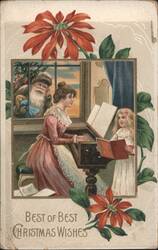 Woman Playing Piano, Girl Reading, Santa Claus Peeking, Christmas Postcard