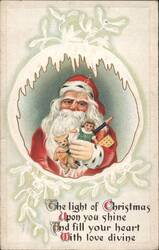Santa Claus with Teddy Bear & Doll, Christmas Greeting Postcard