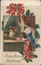 Santa Claus at Window with Woman & Girl, Poinsettias, Christmas Greeting Postcard