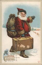 Santa Claus with Sack and Suitcase in Snowy Landscape Postcard