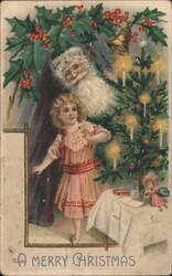 A Merry Christmas: Girl with Santa Claus and Decorated Tree Postcard
