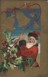Santa Claus ringing Christmas bells with holly and berries Postcard