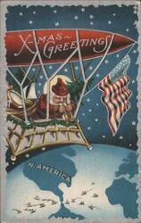Santa Claus in Hot Air Balloon over North America with US Flag Postcard