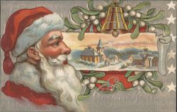 Santa Claus Looking at Snowy Village Scene with Church & Christmas Bell Postcard