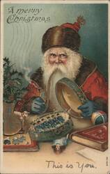 Santa Claus Smoking Pipe with Toys, Holly, and Tambourine Postcard