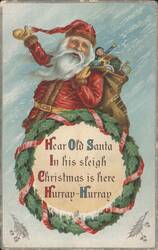 Santa Claus with Toys in Christmas Wreath, Hear Old Santa Poem Postcard