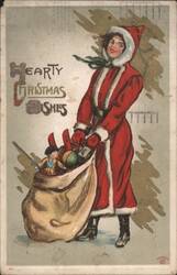 Santa Woman with Sack of Toys, Hearty Christmas Wishes Postcard
