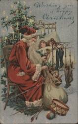 Santa Claus with Sleeping Children & Christmas Tree Postcard