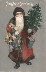 Santa Claus with Christmas Tree and Sack of Toys, Christmas Greetings Postcard