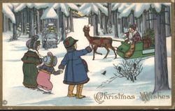 Christmas Wishes: Children, Santa, Deer & Sleigh in Snowy Forest Postcard
