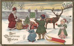 Santa Claus with Reindeer, Sleigh, and Children in Snowy Christmas Scene Postcard