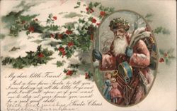 Santa Claus with Toys, Holly & Snow, Christmas Greeting Postcard